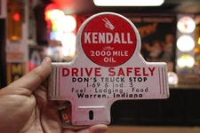 RARE 1950s KENDALL MOTOR OIL DON'S TRUCK STOP STAMPED PAINTED METAL TOPPER SIGN