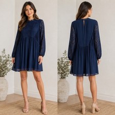Sundance Navy Lace Boho Dress NWOT Size M Romantic Sheer Puff Sleeve Mini Dress