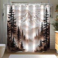 Brown Forest Pine Shower Curtain Mountain Birds Misty Scenery Shower Curtain ...