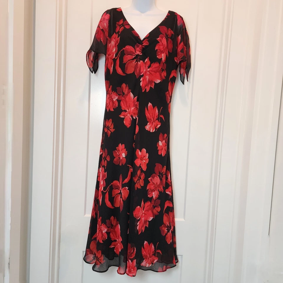 De Colección Dressbarn 16 Negro Rojo Floral Midi Y2K Oscuro Romántico Capricho Fairygrunge Foto 2 de 4