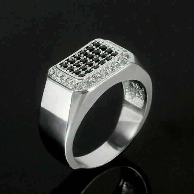 Anillo de banda de diamantes negros creado en laboratorio de corte redondo de 2,00 quilates enchapado en oro blanco de 14 quilates para hombre Foto 3 de 4