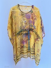 MINI DRESS Women One Size Poly See-through Yellow Floral Pull Over Sort Sleeve