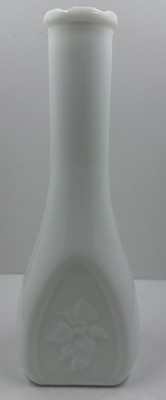 Rare & Unique Vintage 8-3/4  Milk Glass Bud Vase w Embossed Flower On Flat Side