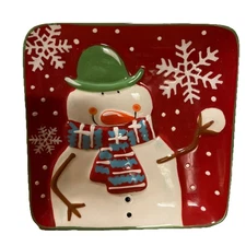 Pier 1 Christmas Holly Jolly Snowman Appetizer Hand Painted Plate 6.25" square