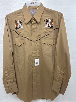 New Men s ELY Cattleman Brown Eagle Design Long Sleeve Pearl Snap Medium J-95