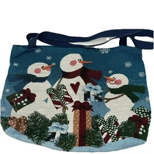 Snowman Tapestry Tote Bag Blue And Multicolor Double Sided Double Handle