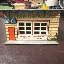 Wyandotte Toytown Fire Dept Pressed Metal Garage with Working Spring Loaded Door