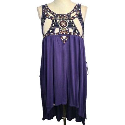 Free People Purple Beaded Cutout Boho Knit Tunic Top S Festival Side Slits Ties