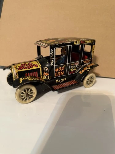Vintage Marx Tin Litho Wind Up Mechanical Old Jalopy Sedan W Key Tested & Works
