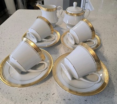 Noritake Majestic Gold Encrusted Footed Tea Cups & Saucers Creamer Sugar BowlSet