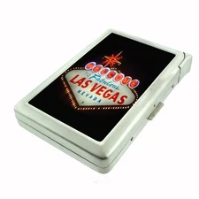 Silver Cigarette Case with Lighter Las Vegas Design 01 City Lights Casino Poker