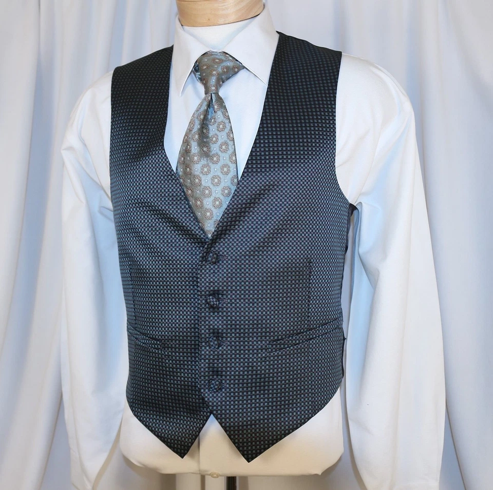 LORD WEST Aqua Blue Silver Gray Black Polka Dot Men Formal Waistcoat Vest Size S - Image 4 of 4