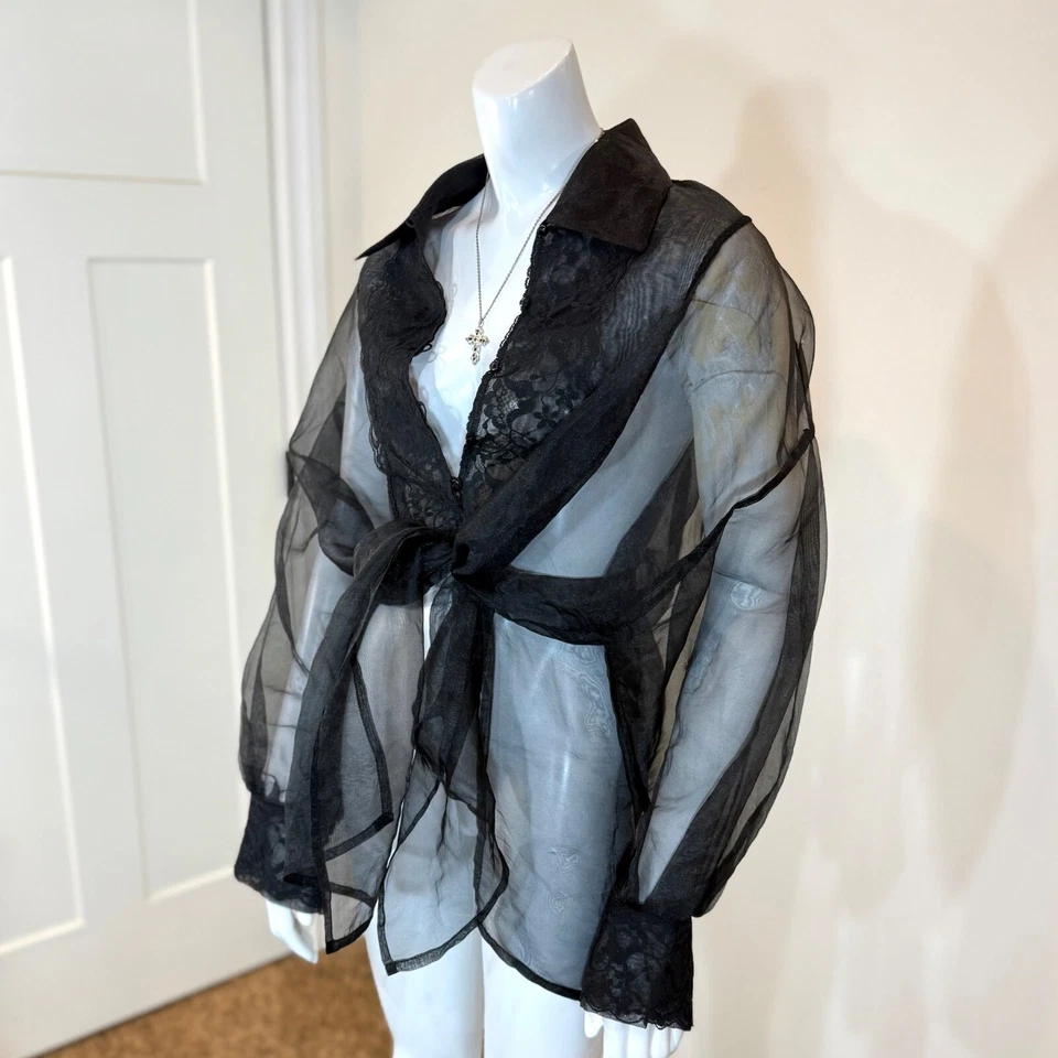 Vintage 90’s OVERSIZED ORGANZA SHIRT w LACE Black Sheer Goth Grunge Button Down - Image 3 of 4
