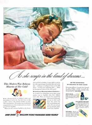 1946 VICKS COLD RELIEF Genuine Vintage Print Ad VapoRub Little Girl with Doll