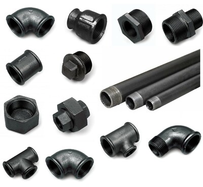 Schwarz Fitting Temperguss Doppelnippel T-Stück Winkel Muffe Bogen Flansch DVGW