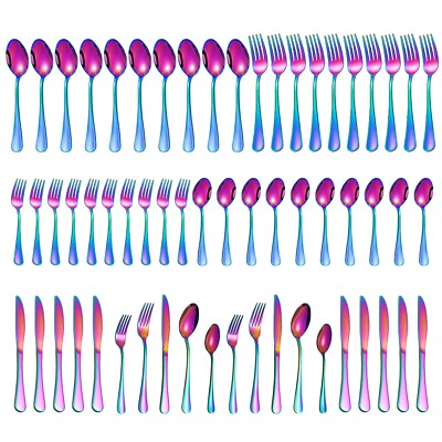 60 Pieces Rainbow Silverware set for 12, Compralo Colorful Stainless Steel Fl...