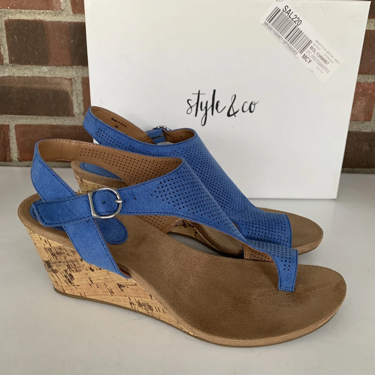 Style Co Womens Maddyson Perforated Shield Wedge Sandals Blue Thong US 9 M