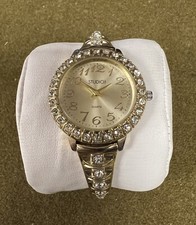 Studio Time Watch Women Gold Tone Crystal Open Cuff New Battery Runs Well
