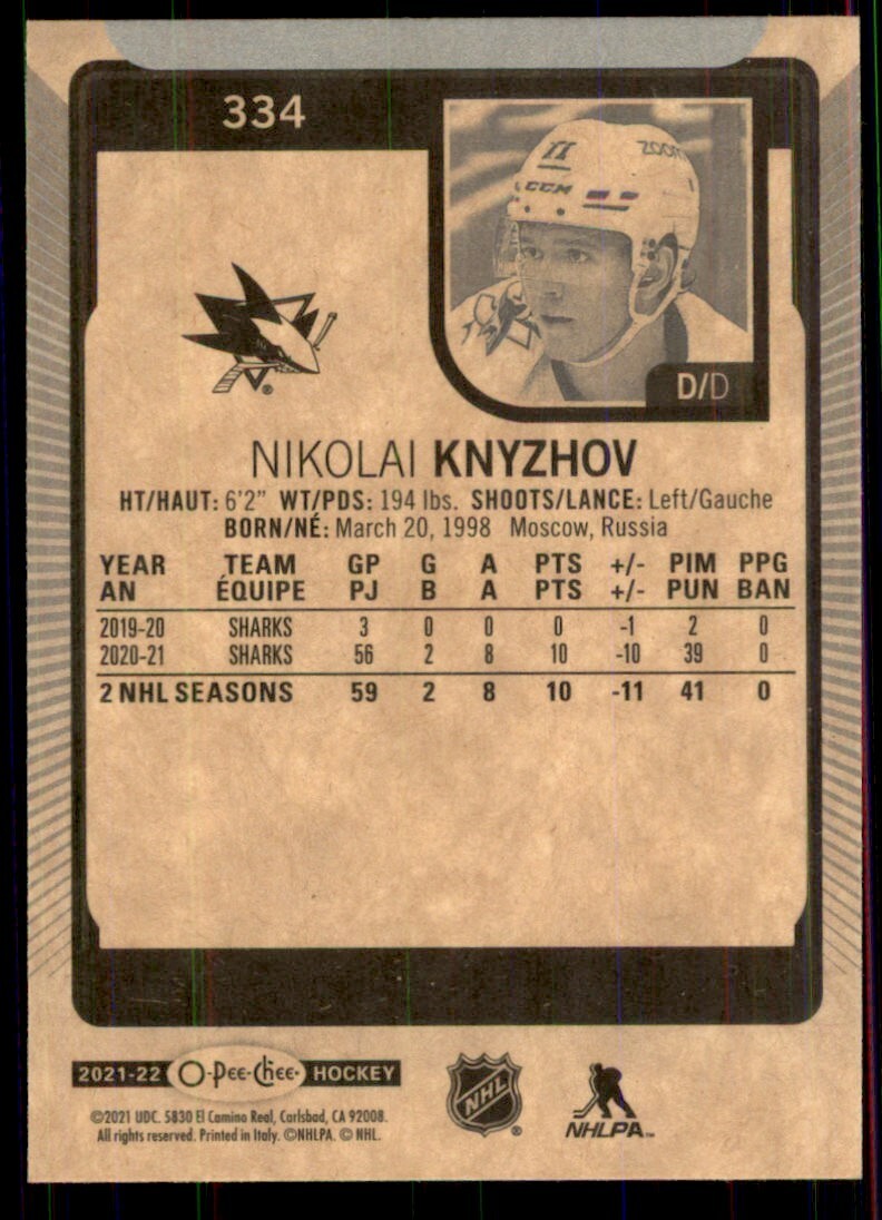 2021-22 OPC O-Pee-Chee Base #334 Nikolai Knyzhov - San Jose Sharks - Picture 2 of 2