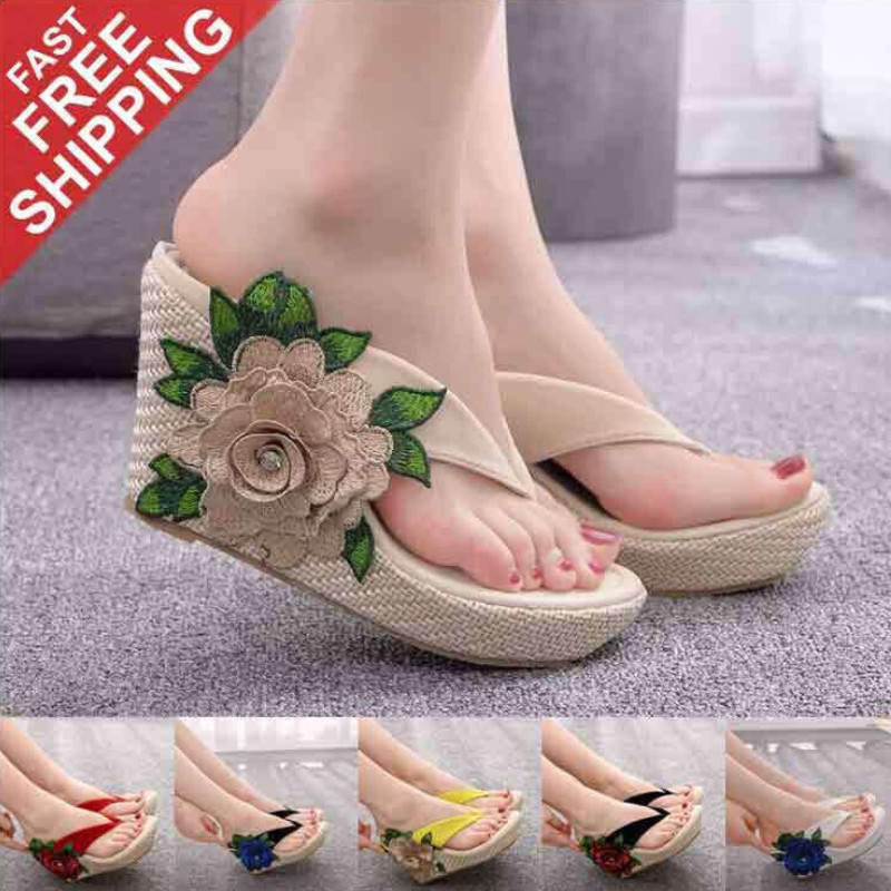 Chanclas informales de tacón alto para mujer Sandalias Cuña Verano Floral Zapatillas Zapatos