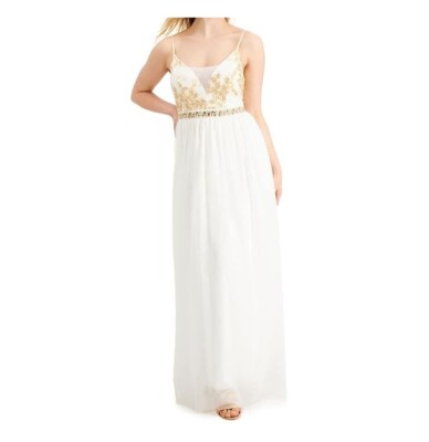 Emerald Sundae Junior 7 White Gold Sleeveless V Neck Long Gown Dress NWT BF89