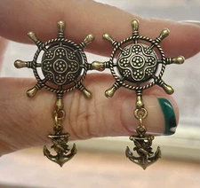 PAIR Ship Wheel w/Anchor Dangle Steel Single Flare Plugs Body Jewelry
