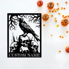 Custom Black Crow Metal Sign,Skull Head Personalized Family Name Sign Wall Decor