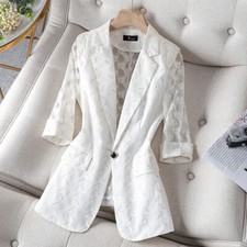 Women Lace Blazer Formal Business Top Jacket Coat Set Lapel Single Button Hollow