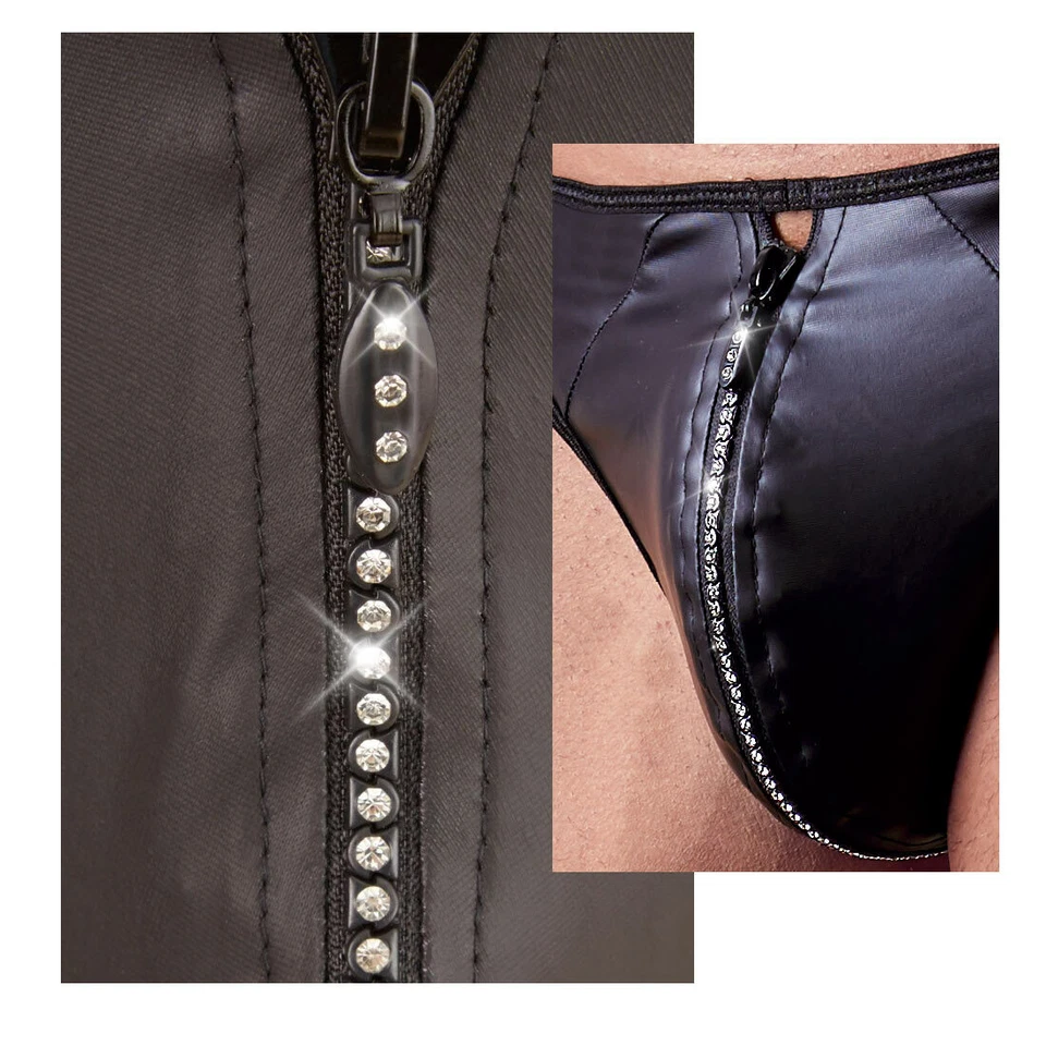 Herren String mit Zip M L XL XXL Neopren Optik matt Glanz Strass schwarz "Xabiy" - Bild 3 von 4