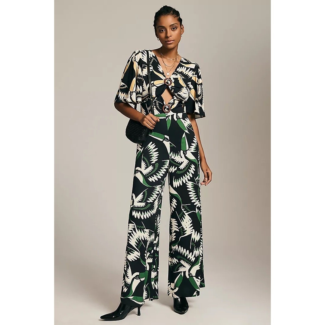 Farm Rio Anthropologie Black White Toucan Short Sleeve Jumpsuit One Piece XS