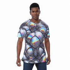 Futuristic Shirt Mesh Tee Rave T-shirt Short Sleeve Gift Silver Rainbow Liquid