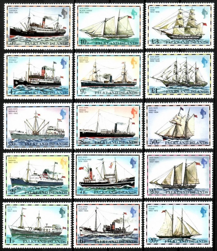 1978 FALKLAND ISLANDS MAIL SHIPS, Sc 260-274, SG 331a-345b FULL SET MNH/VF/OG