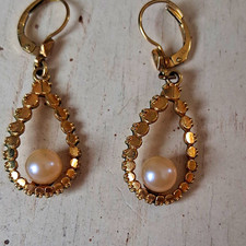Gold Tone Teardrop Dangle Earrings White Roun...