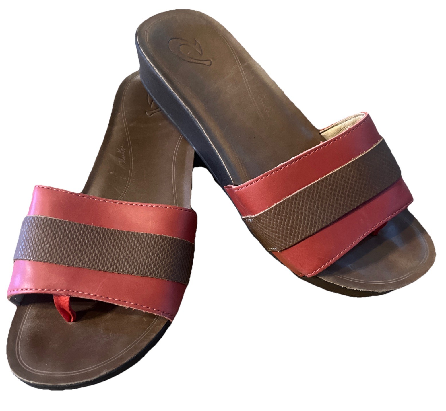 OluKai Sandals Slides 8M OLA HUNA Shoes Brown/Pink Leather Slip On Walking