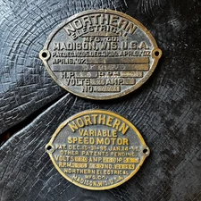 2 Northern Electric MFG Co Antique Brass Electrical & Speed Motor Shield Plaque