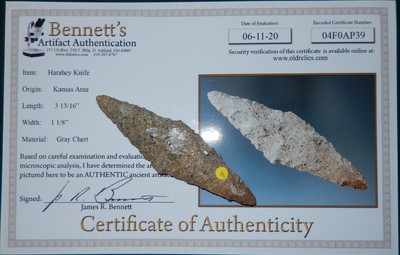 *PRETTY SPECKLED GRAY CHERT* KANSAS FOUND HARAHEY KNIFE W/ JIM BENNETT COA C995