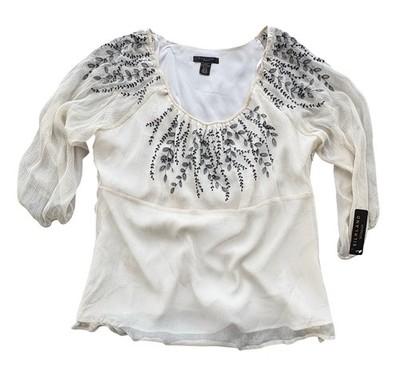 Silkland Damen Seide bestickt Bluse elfenbein schwarz Blumen Boho Top Gr UK 2X