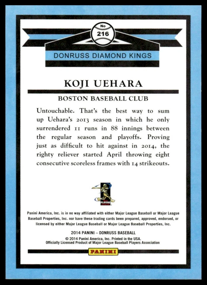 2014 Donruss #216 Koji Uehara Press Proofs Gold #/99 - Image 2 of 2