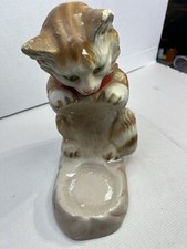 Large 11” Ceramic Cat Figurine Gold Fish Bowl Holder Aged Cracks See Pics JJ B
