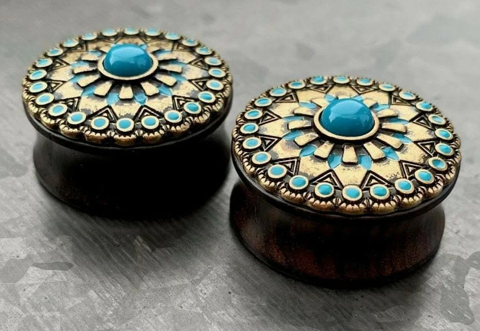 一对绿松石珐琅古董黄金部落太阳乌木塞耳环仪表 — 第 2/4 张图片