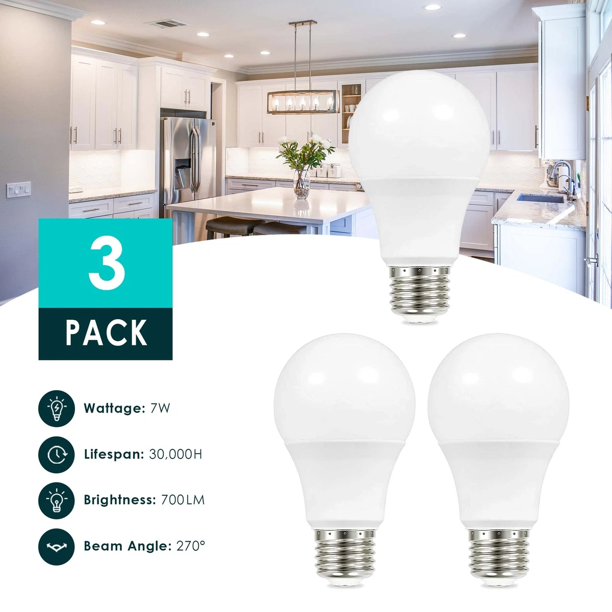 LS 3 PACK LED Light Bulb 6000 6500K Daylight E27 A19 7W 700 Lumen