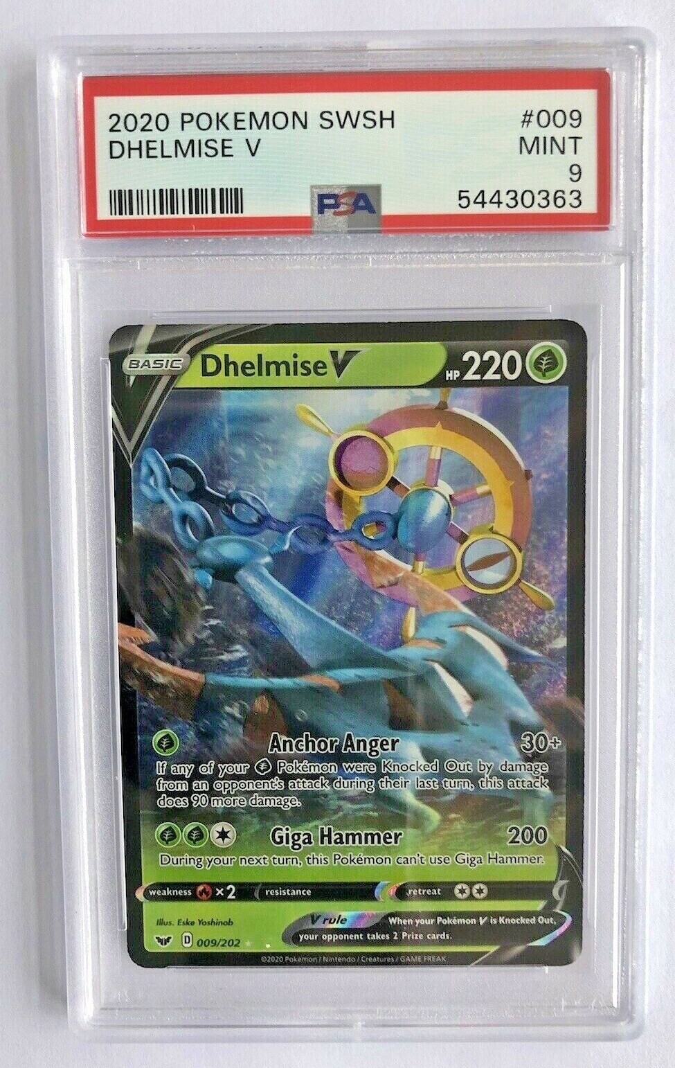 Pokemon - 2020 Sword & Shield Base Set Dhelmise V - Half Art #009 - PSA 9 - MINT