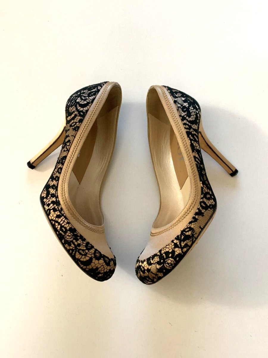 DIOR EUR 36.5 Nude Silk Satin with Black Lace Trim Pumps 4