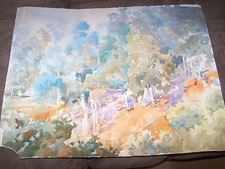 Original Watercolor By Peg Humphreys, Trees Growing up Hill 25.75"x20"