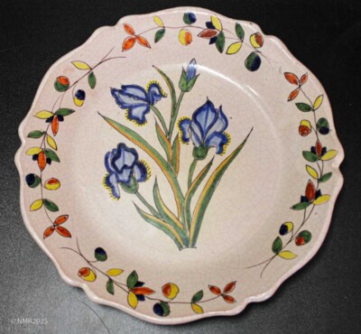Antique Malicorne Pouplard Beatrix French Faience Pottery Blue Iris Plate 9.8''