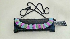 Beaded Bag by CEM 9" x 3" Black Pink Blue Gold Braided Strap Lined In Satin NEW
