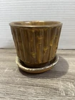 Vintage McCoy 0372 Bamboo Art Planter with Attached Saucer, Brown. Made in USA