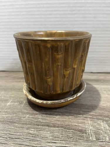 Vintage McCoy 0372 Bamboo Art Planter with Attached Saucer, Brown. Made in USA