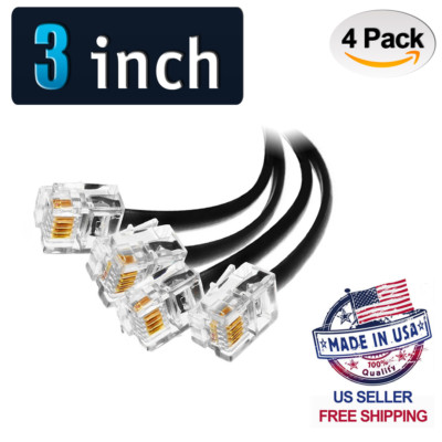 (4 Pack) 3 Inch Short Telephone Cable Rj11 6p4c Male to Male  Phone Line Cord 3''