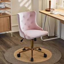 VINGLI Pale pink velvet armless home office chair with gold base/rollers